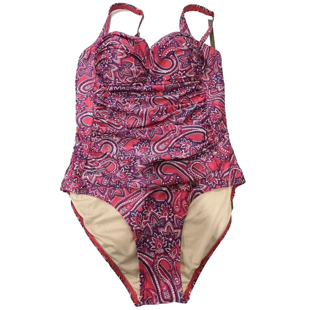 Coolibar UPF 50+ Pink Paisley Bathing Suit Beach Swim Suit Ruched Front 10